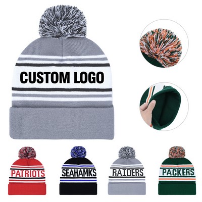 Pom Pom Jacquard Knit Beanie With Custom Embroidered Logo