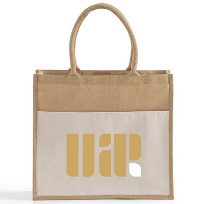 Large Jute Tote with Canvas Front Pocket