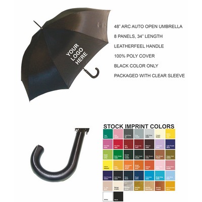 48" Arc Auto Open Metalshaft With Curved Black Leatherfeel Handle Packaged With Clear Sleeve