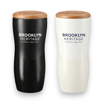 12oz Double wall ceramic tumbler with wood lid, Cozy ceramic tumbler with matte & shiny contract on