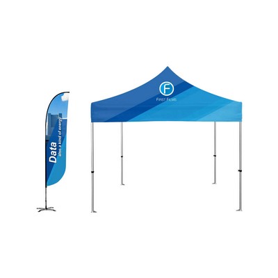 10x10' Standard Canopy Kit w Standard White Steel Frame, Dye Sub Canopy & 12' 2-sided Feather Flag
