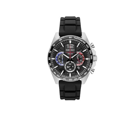 Seiko Watch Mens Chronograph Silver Case w/Black Dial w/Blue & Red Accents