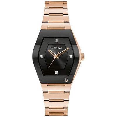 Bulova Watches Ladies' Modern Gemini Rose Gold-Tone Stainless Steel Bracelet Watch Black Dial