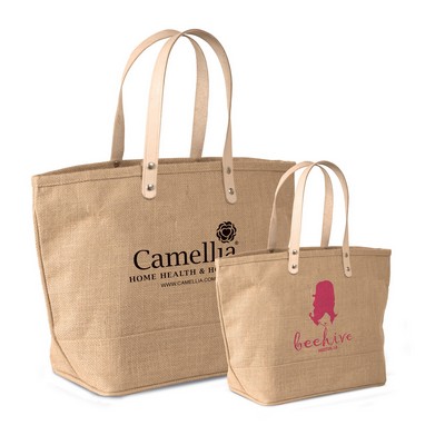 Eco-Friendly Reusable Large Jute Burlap Tote Bag with Leather Handles & Zippered Closure