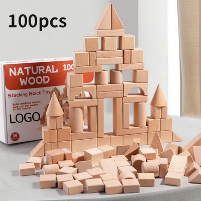 Natural Wood Building Blocks Set, 100 Pieces, Educational Stacking Toy for Kids