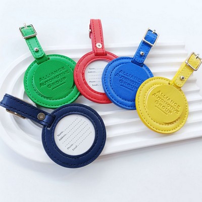 Portable Small Round Shape PU Leather Luggage Personalizable Travel ID Tag For Travel Business Trip
