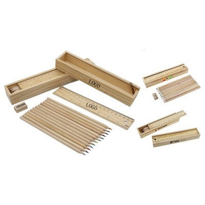 Wooden Ruler Sketch Pencils Set With Case