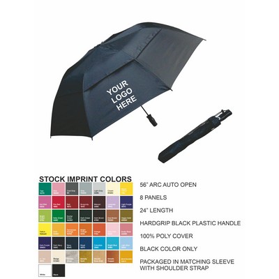 56" Arc Auto Open Vented Folding Umbrella With Black Grip Handle And Case