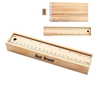 12 Piece Colored Pencil Set with Wooden Ruler in Storage Box