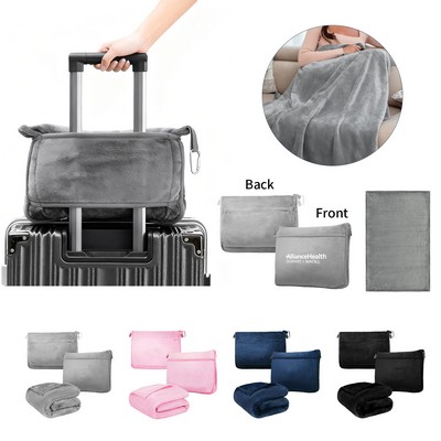 50" x 60" Fleece Travel Pillow and Blanket w/ Front Pocket & Carabiner