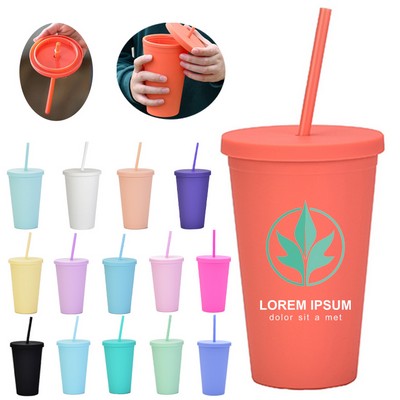 16oz Plastic Double Wall Matt Tumbler Cup with Lid and Straw