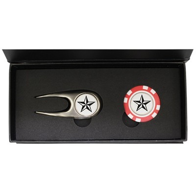 Scotsman's Divot Tool and Plastic Poker Chip with Removable Marker in a Magnetic Close Gift Box